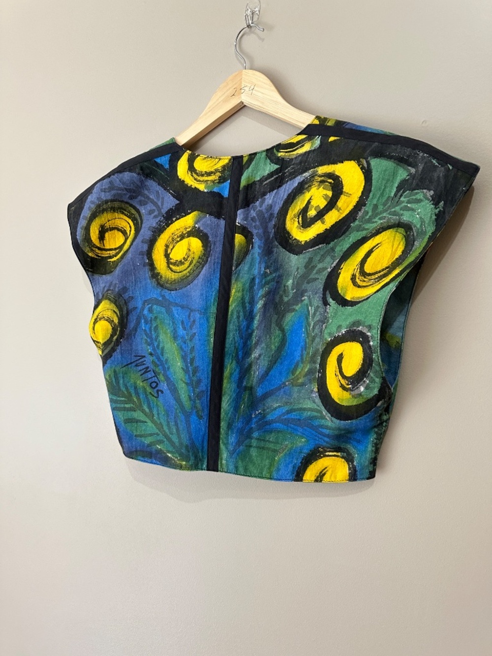 V-neck Juntos Hand-Painted Abstract Crop Top Yellow Cerulean Blue Forest Green - Picture 6 of 10